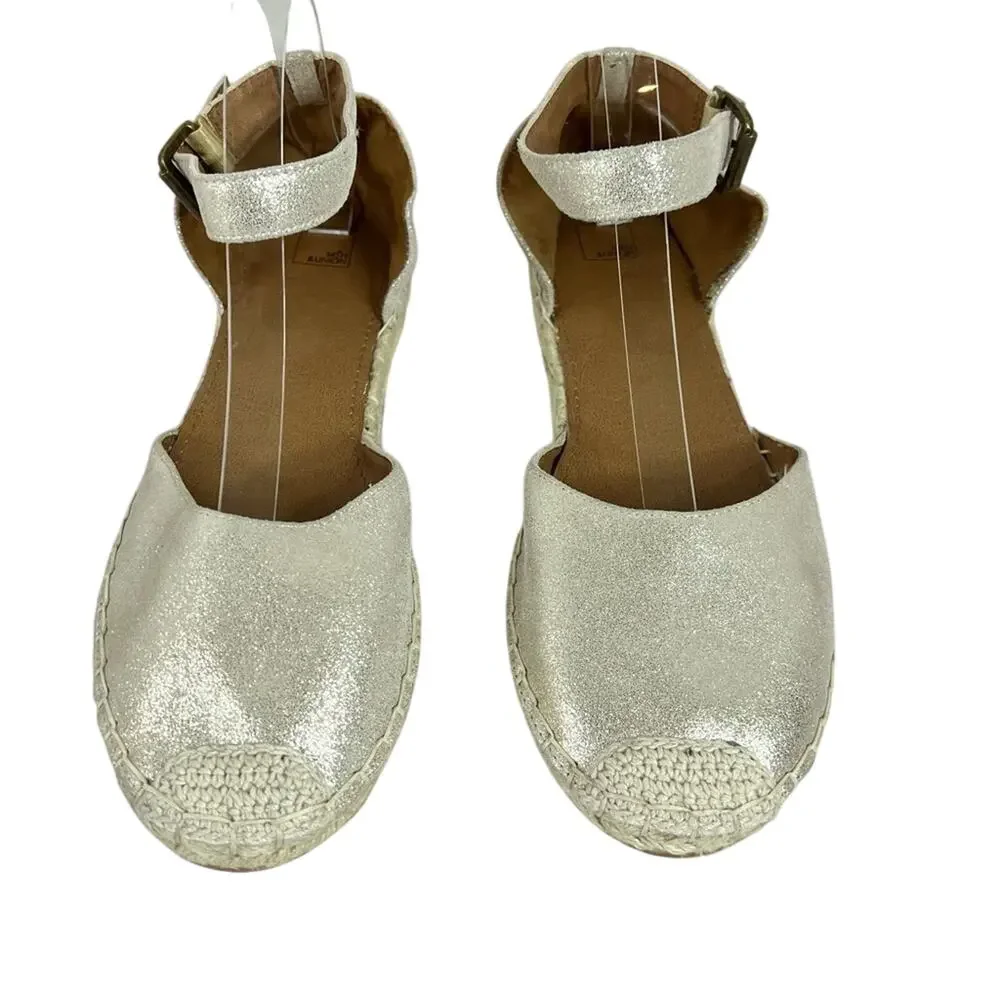 14Th & Union espadrille shoes 10 cream silver metallic leather ankle strap flat